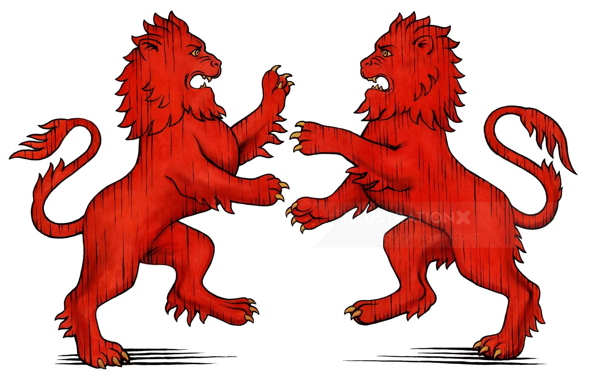Two red heraldic lions standing and facing each other by Martin Hargreaves