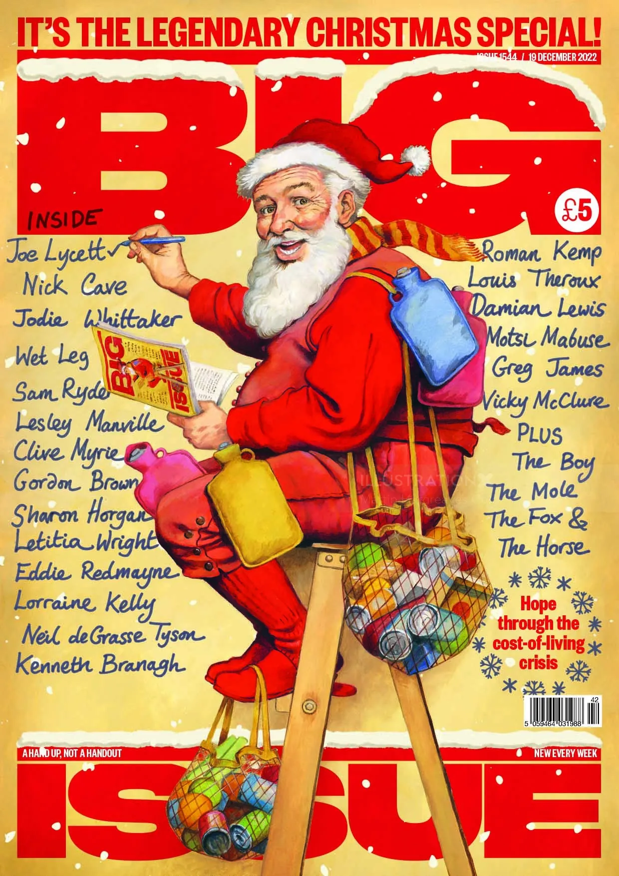 Santa Claus with sack on Big Issue magazine cover by Martin Hargreaves