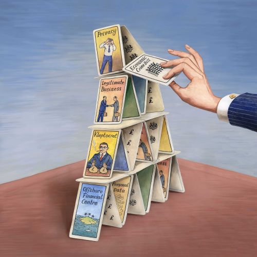 House of cards with financial illustrations by Martin Hargreaves