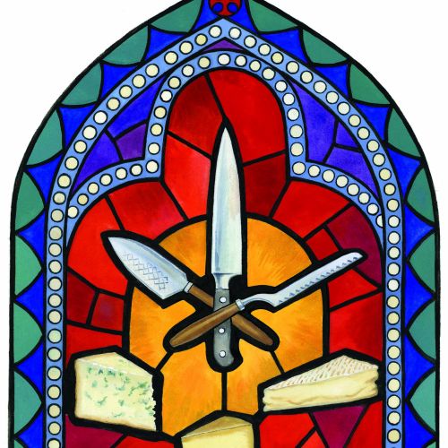 Stained glass window with clock hands and geometric colorful shapes by Martin Hargreaves