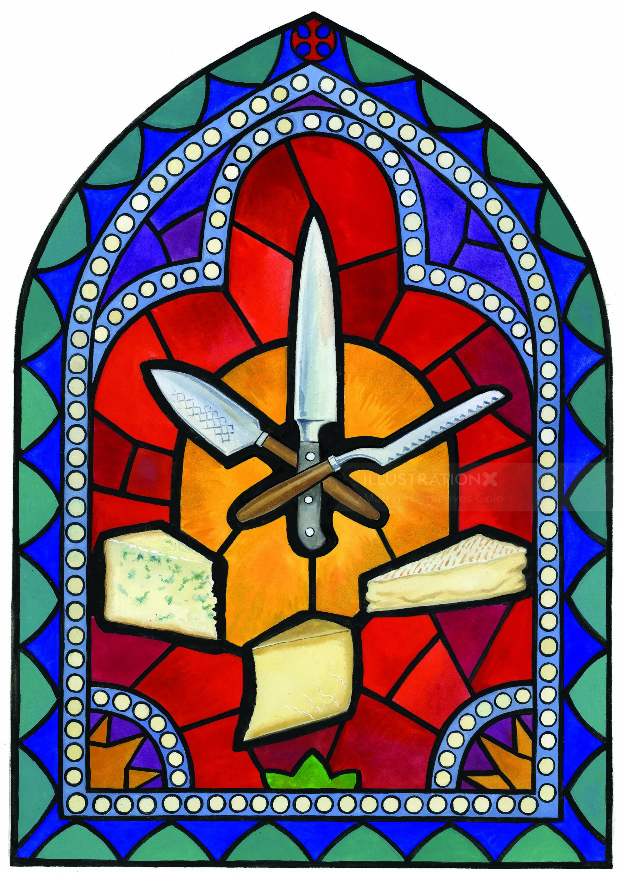 Stained glass window with clock hands and geometric colorful shapes by Martin Hargreaves
