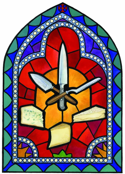 Stained glass window with clock hands and geometric colorful shapes by Martin Hargreaves