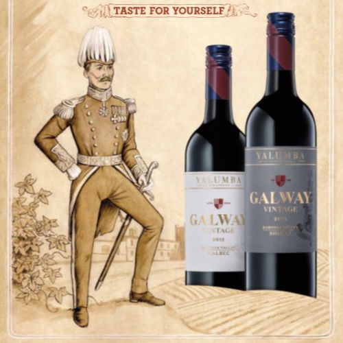 Two Galway whisky bottles with vintage drawing of man in historical costume