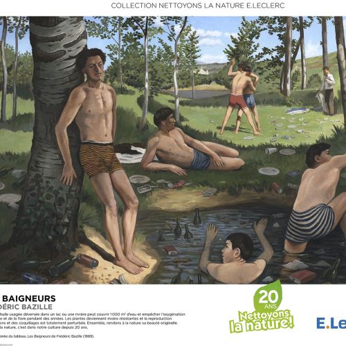 Men swimming and resting by a forest river