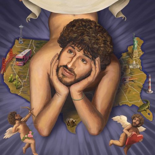Man lying on map surrounded by cherubs holding blank banner