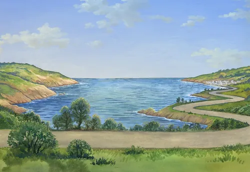 Coastal scene with winding road, greenery, and calm sea under blue sky.