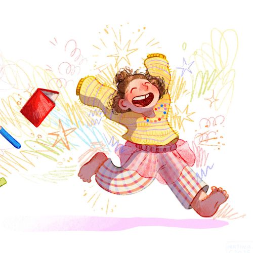 A joyful scene of a cheerful girl surrounded by lively colors and motion