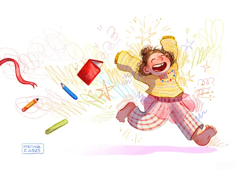 A joyful scene of a cheerful girl surrounded by lively colors and motion