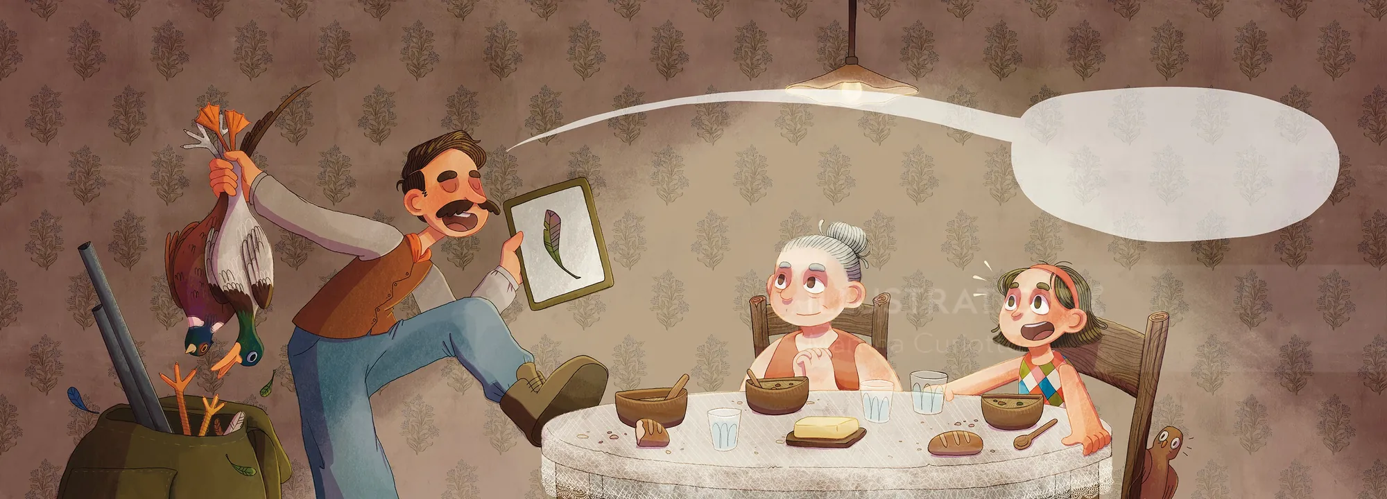 Book spread of a family dinner scene under warm lamplight
