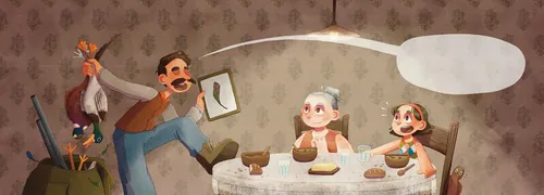 Book spread of a family dinner scene under warm lamplight