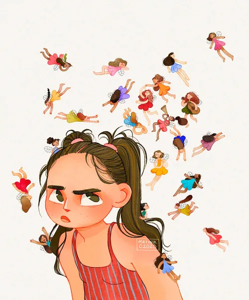 Fantasy artwork of little girl and miniature fairies