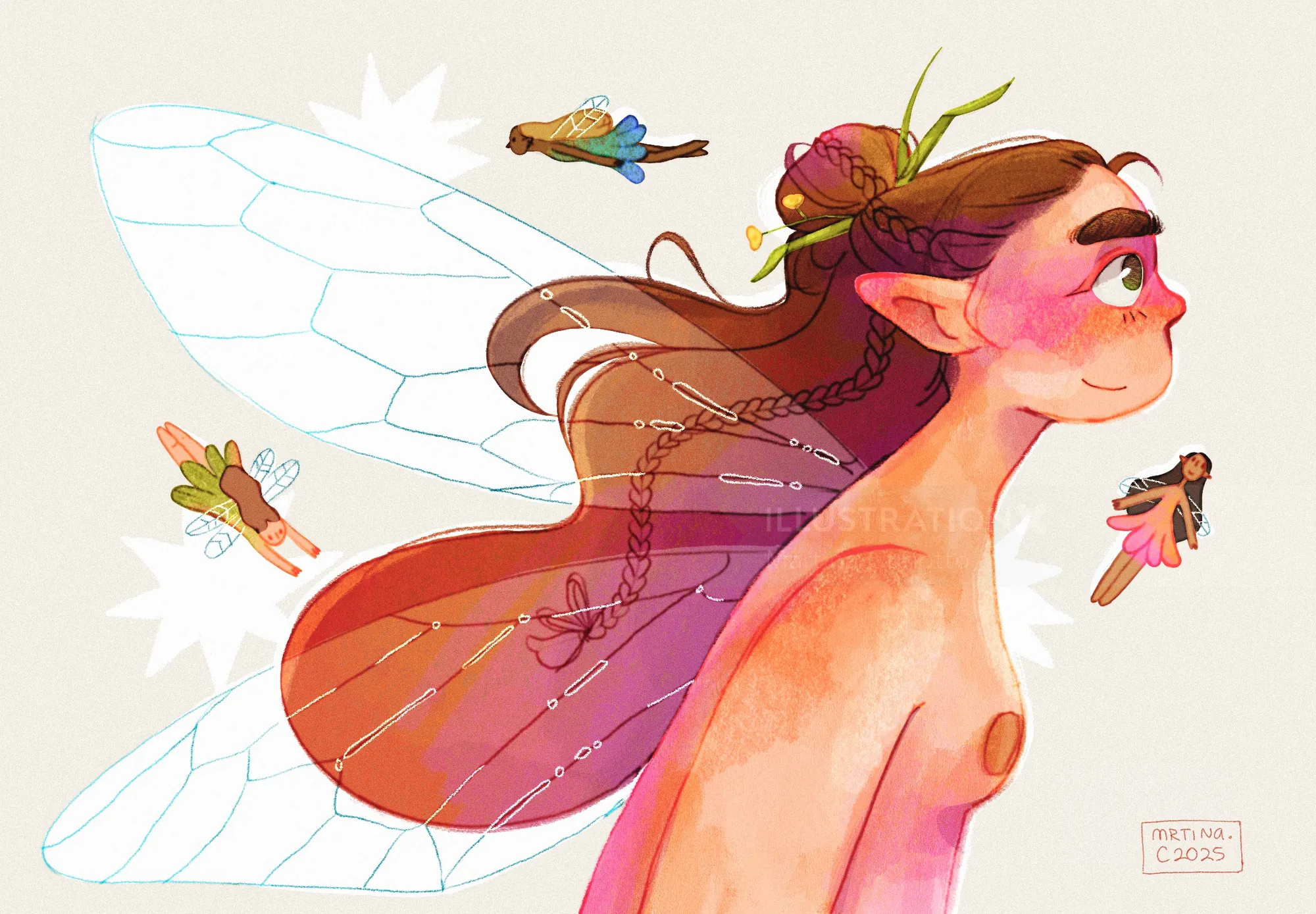 Side view portrait of a fairy with vibrant colors and translucent wings by Martina Curiotto