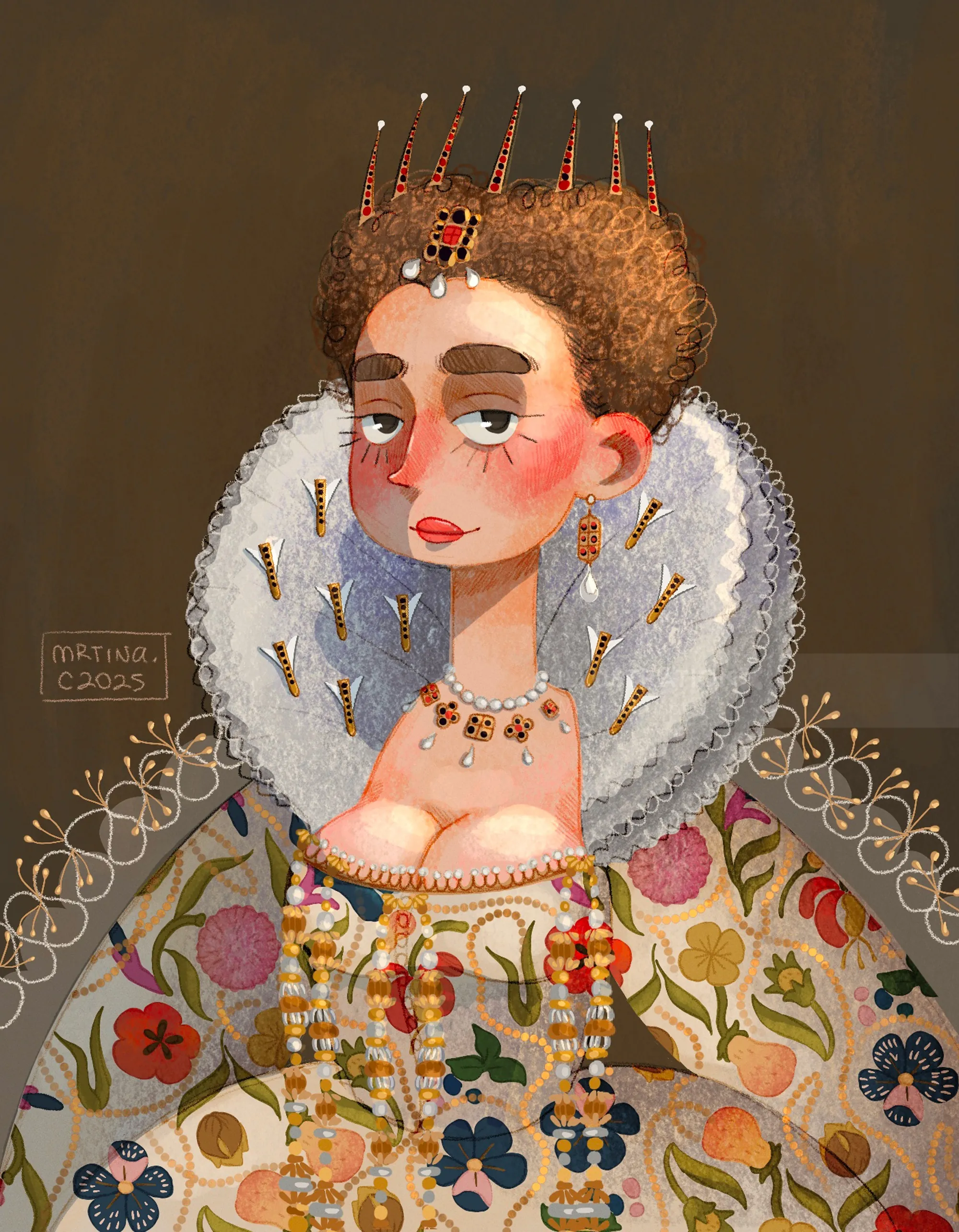 Majestic portrait of woman in royal attire with jewels