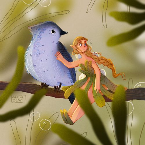 Illustration of a fairy with long hair sitting next to a blue bird on a branch by Martina Curiotto