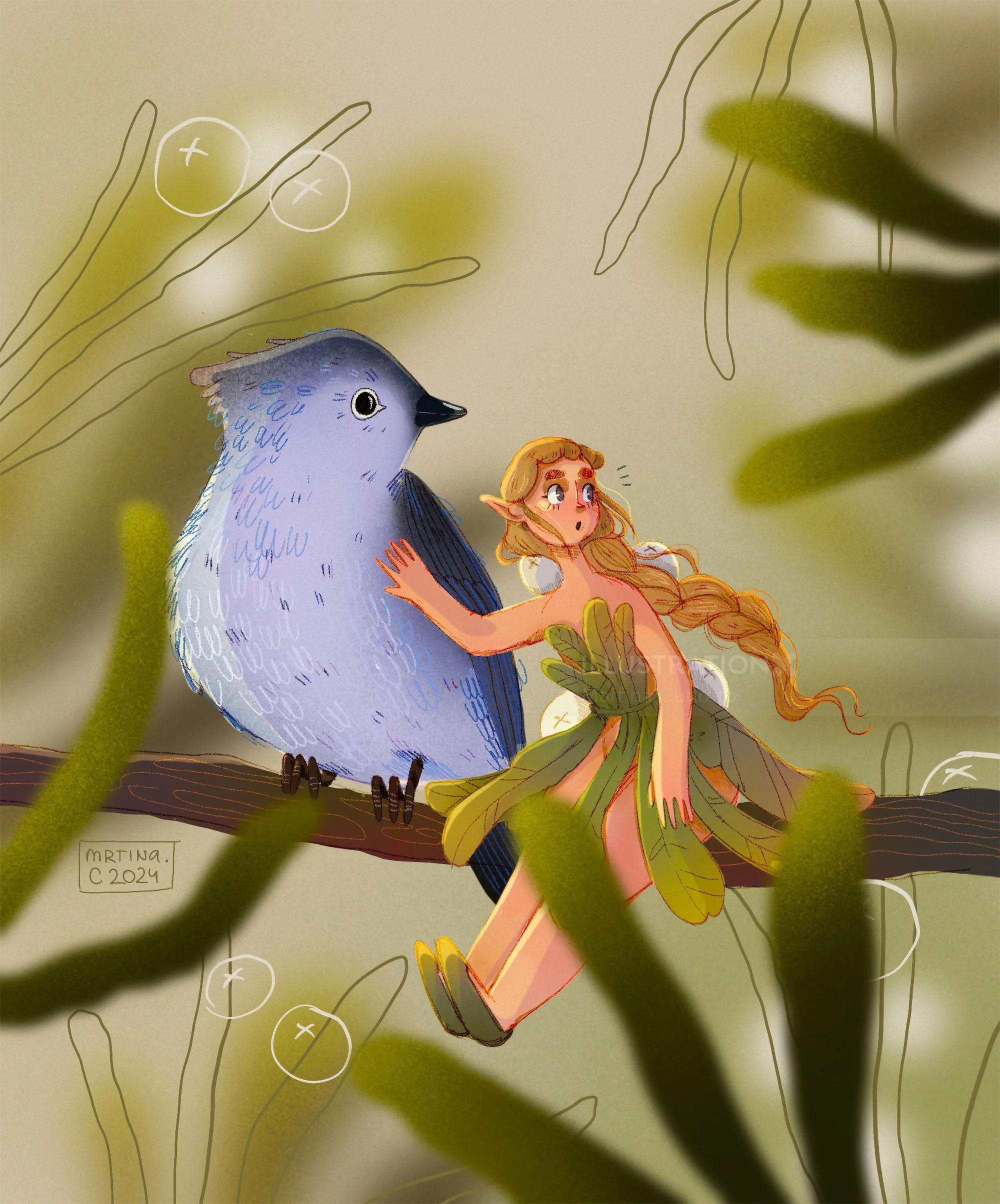 Illustration of a fairy with long hair sitting next to a blue bird on a branch by Martina Curiotto