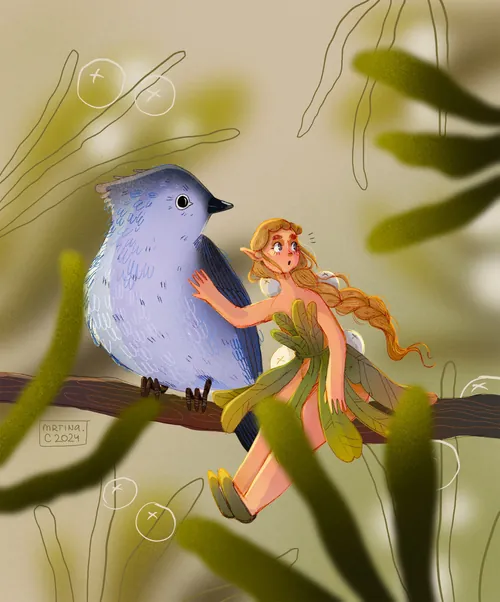 Illustration of a fairy with long hair sitting next to a blue bird on a branch by Martina Curiotto