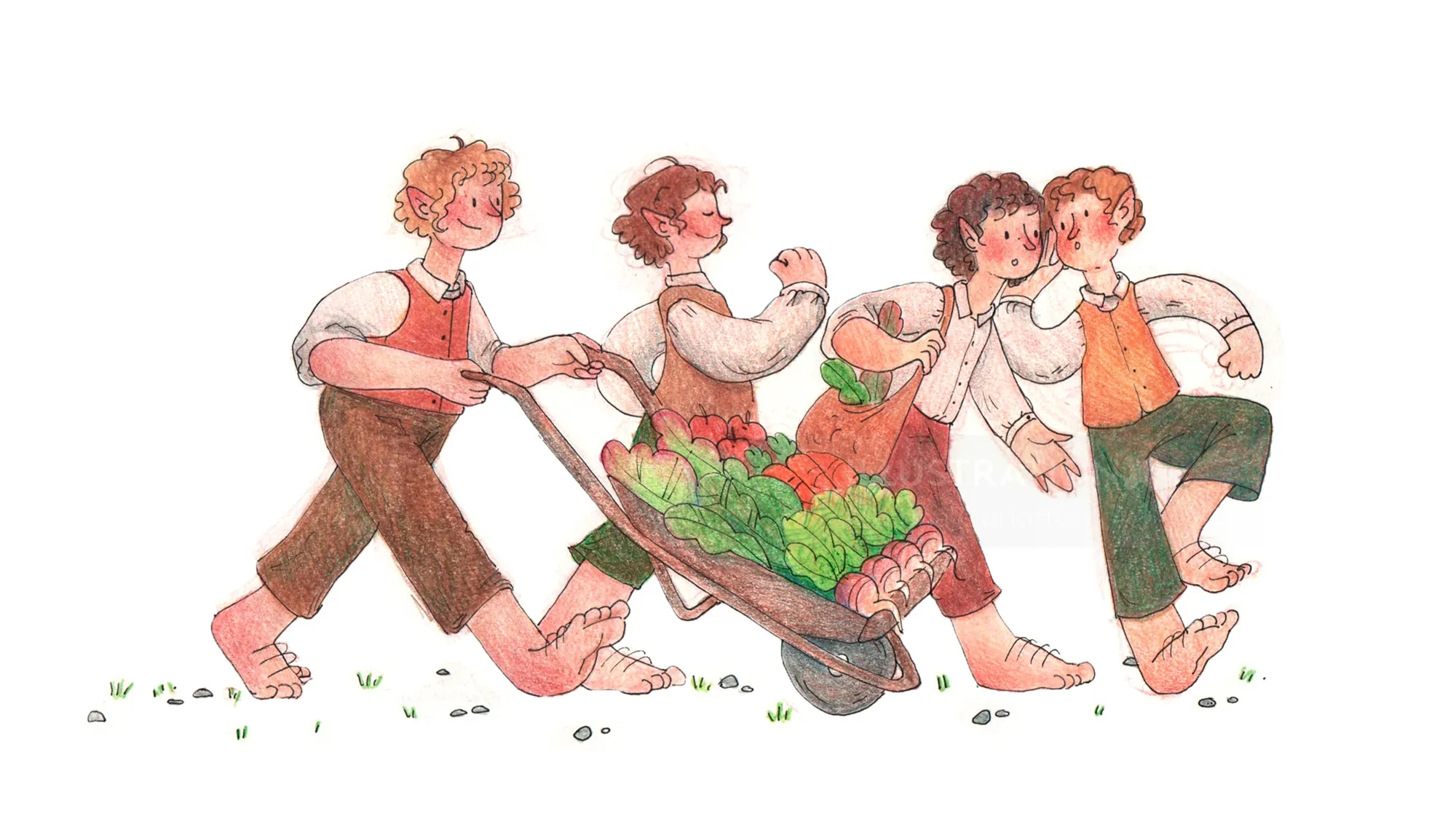 Hobbits with freshly picked vegetables