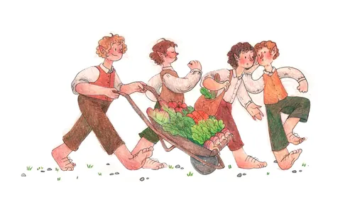 Hobbits with freshly picked vegetables