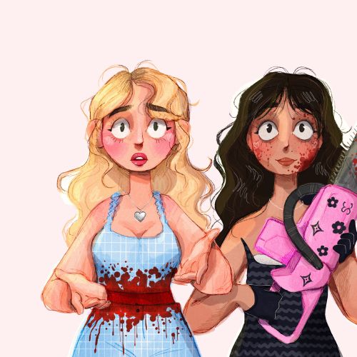Illustration of Sabrina Carpenter and Jenna Ortega in horror scene by Martina Curiotto
