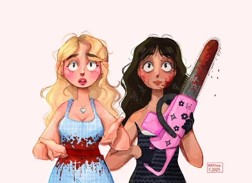 Illustration of Sabrina Carpenter and Jenna Ortega in horror scene by Martina Curiotto