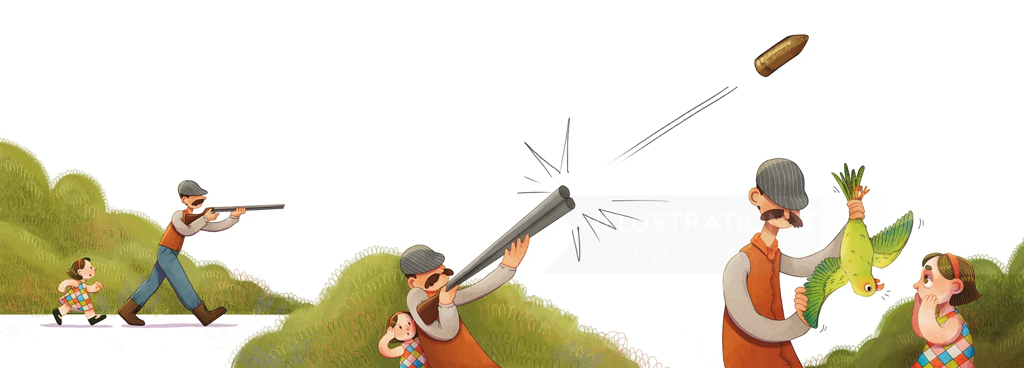 Three vignettes of a hunting scene by Martina Curiotto