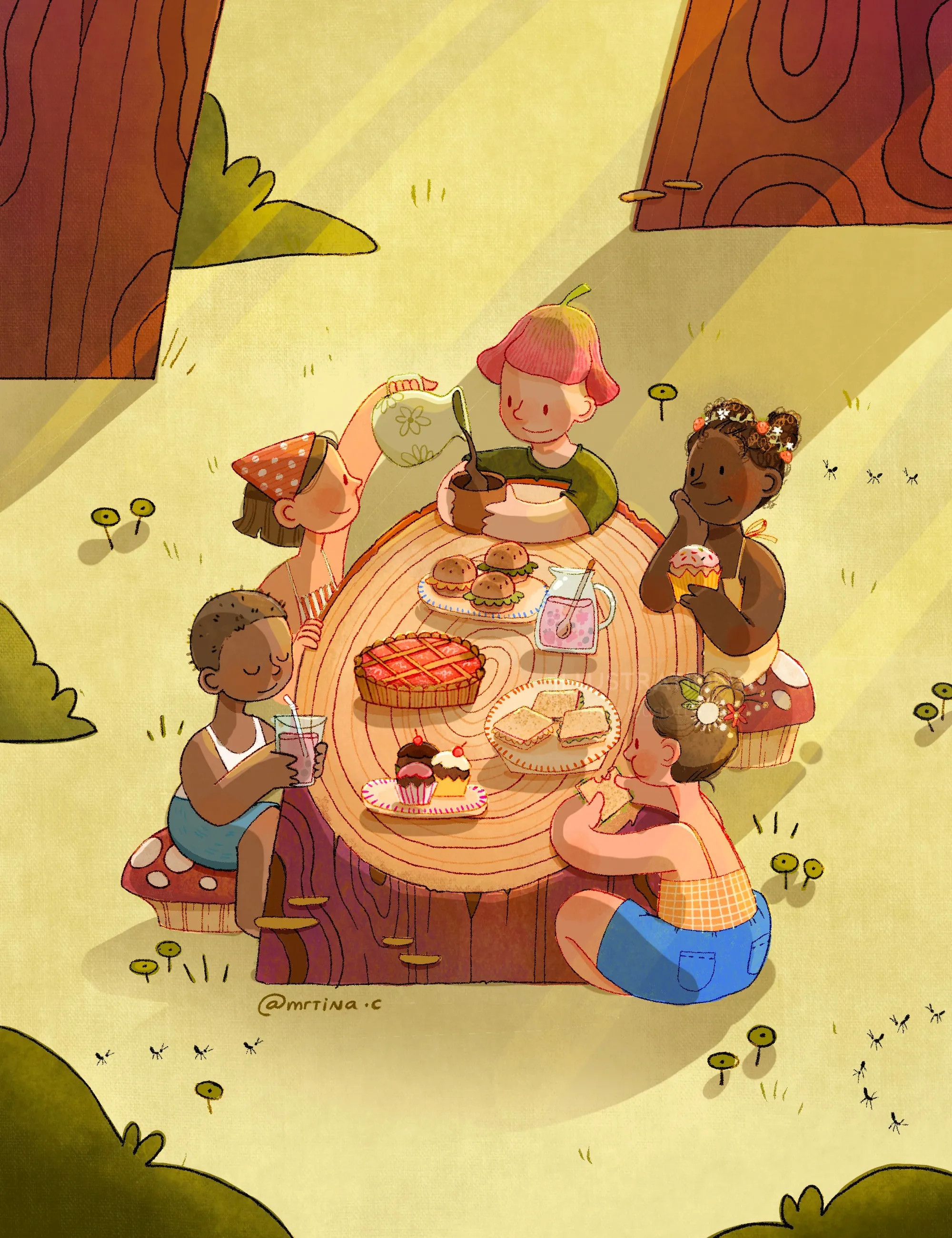 Kids enjoying a picnic in a forest clearing