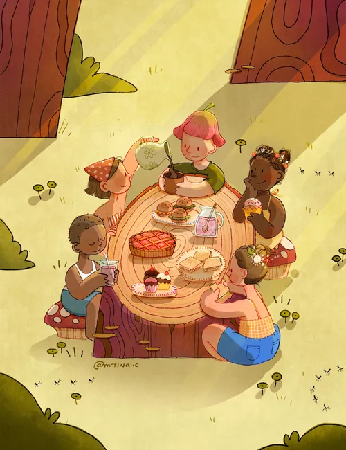 Kids enjoying a picnic in a forest clearing