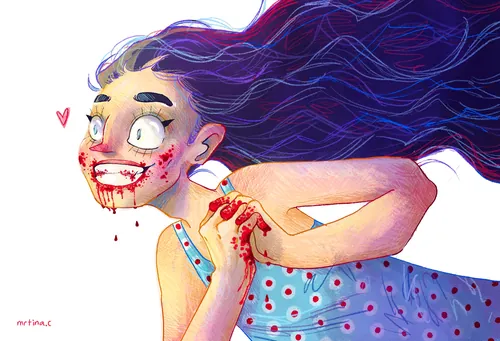 Exaggerated vampire illustration with a darkly humorous tone