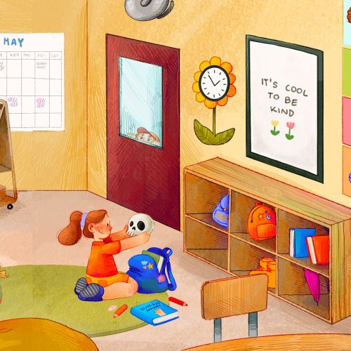 Colorful classroom scene for a double-page spread