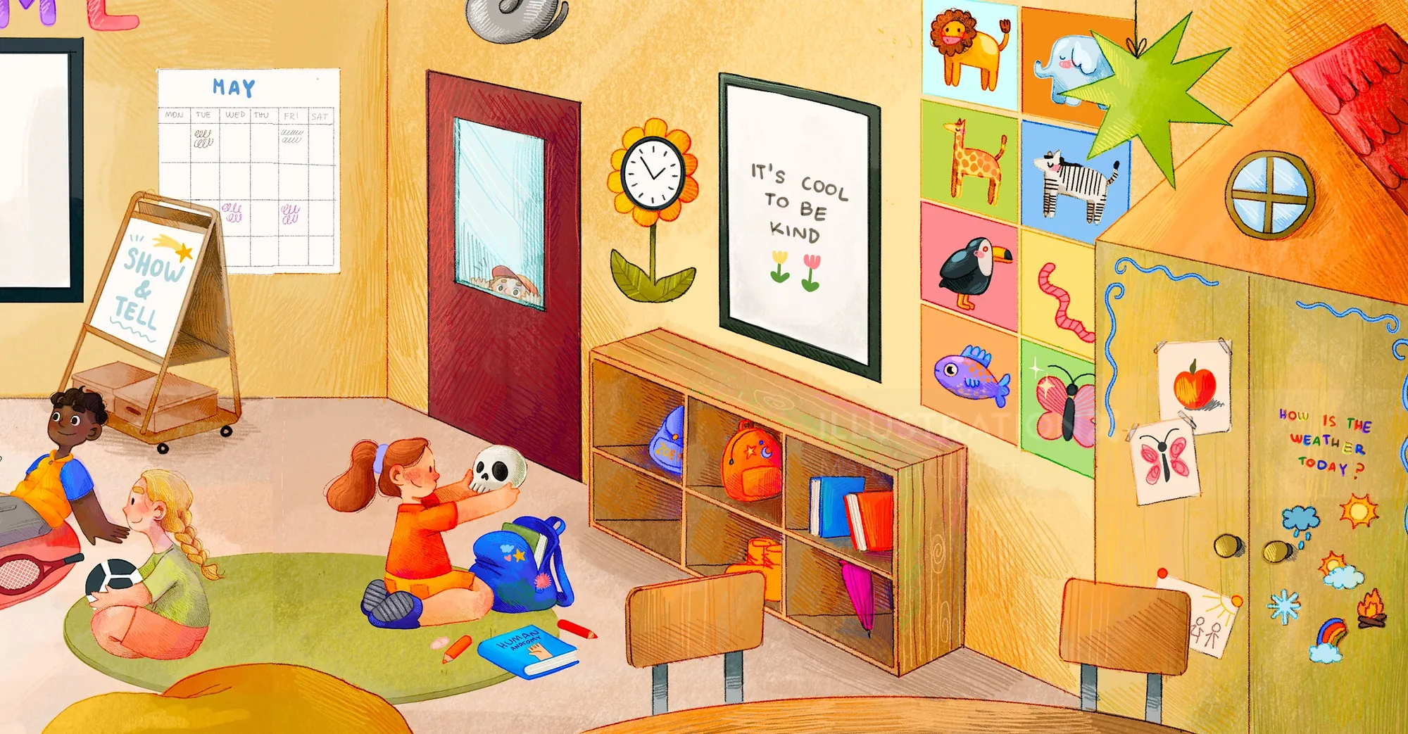 Colorful classroom scene for a double-page spread