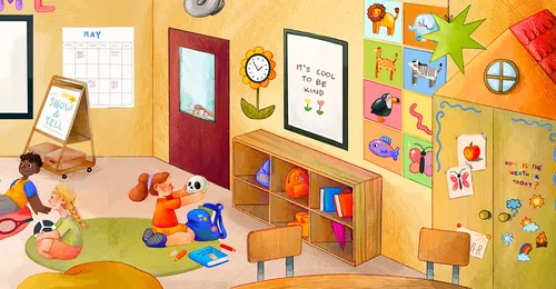 Colorful classroom scene for a double-page spread