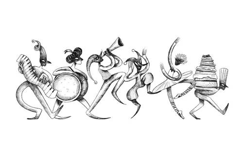 Anthropomorphic musical instruments depiction