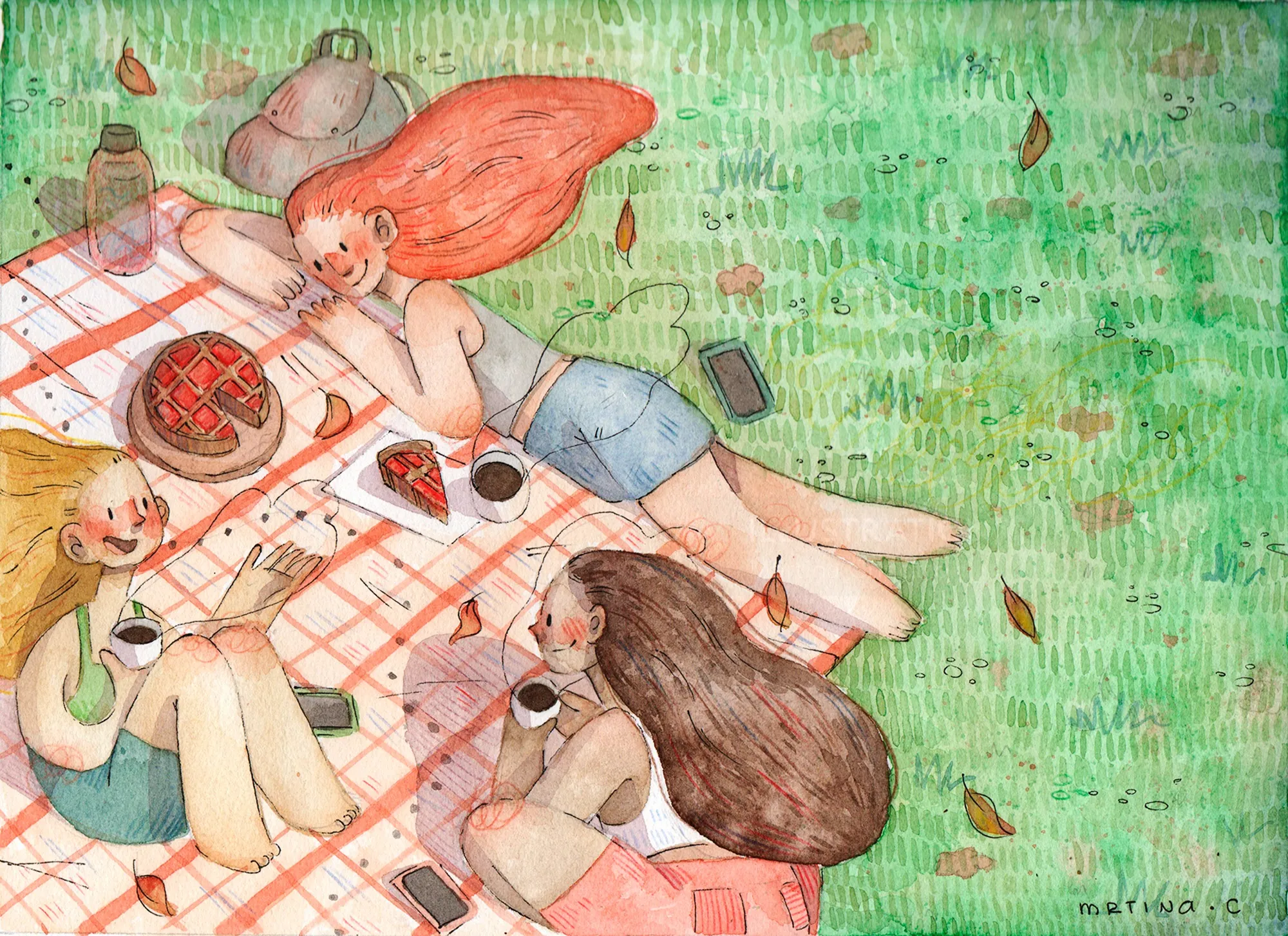 Three women lying on a blanket having a picnic outdoors by Martina Curiotto