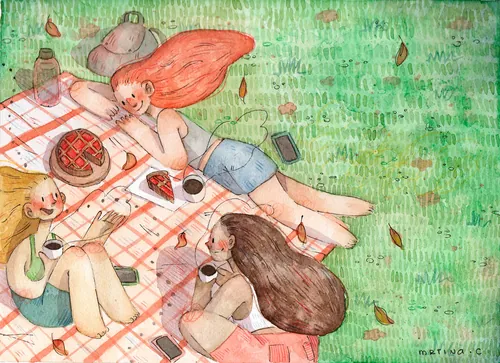 Three women lying on a blanket having a picnic outdoors by Martina Curiotto