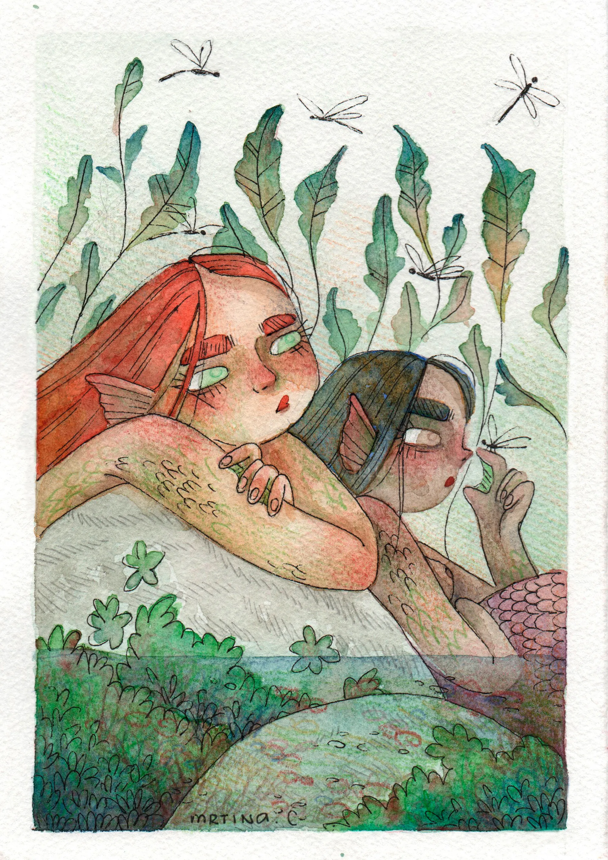 Watercolor of mermaids in seaweed