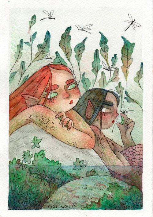 Watercolor of mermaids in seaweed