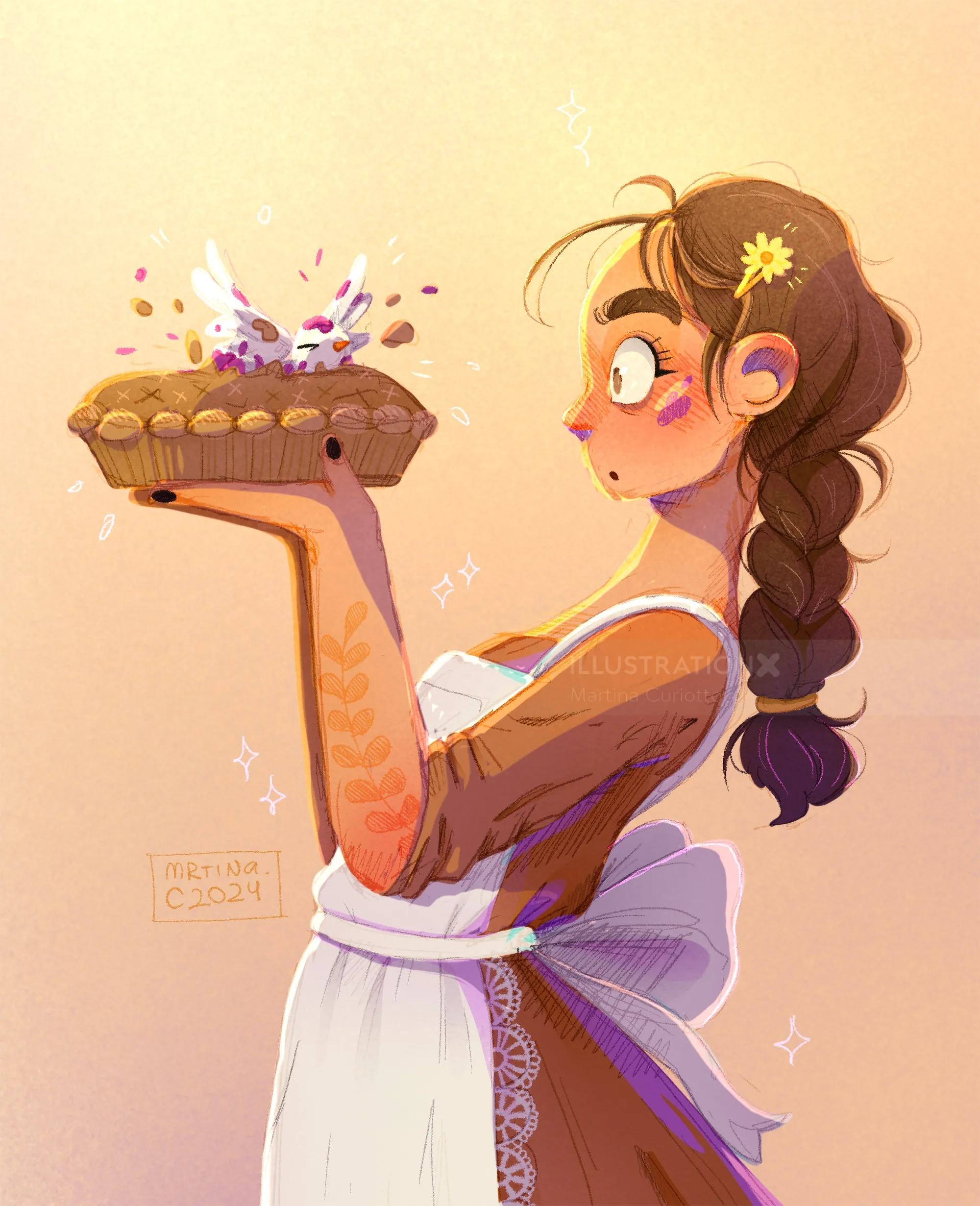 Woman with braided hair holding a pie with colorful sparks, by Martina Curiotto