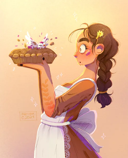 Woman with braided hair holding a pie with colorful sparks, by Martina Curiotto