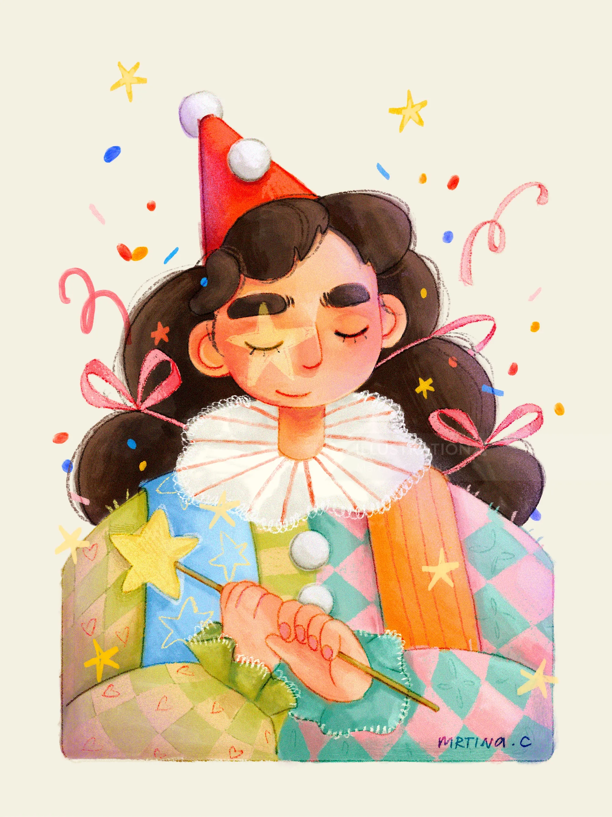 Clown with closed eyes in colorful costume and party hat by Martina Curiotto