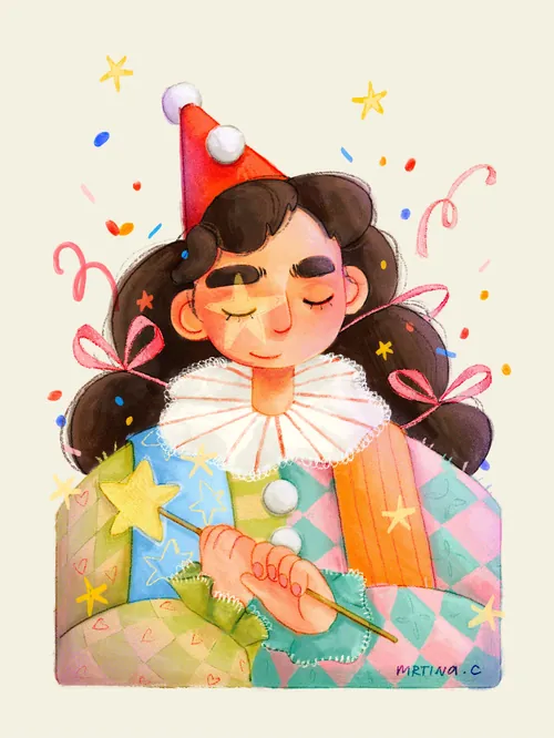 Clown with closed eyes in colorful costume and party hat by Martina Curiotto
