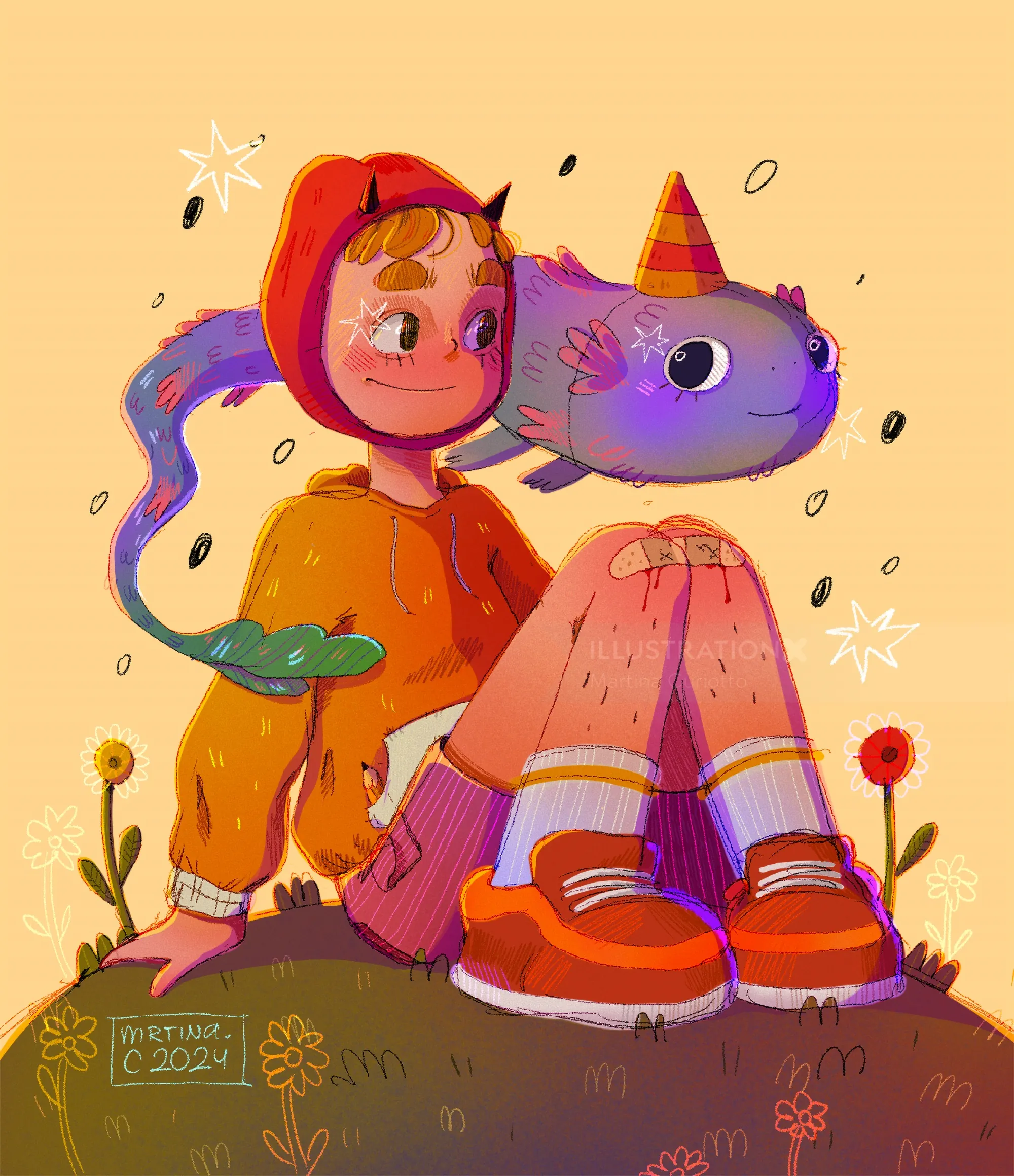 Galactic boy with floating alien pet wearing colorful outfit by Martina Curiotto