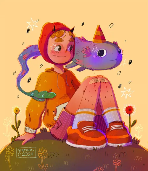 Galactic boy with floating alien pet wearing colorful outfit by Martina Curiotto