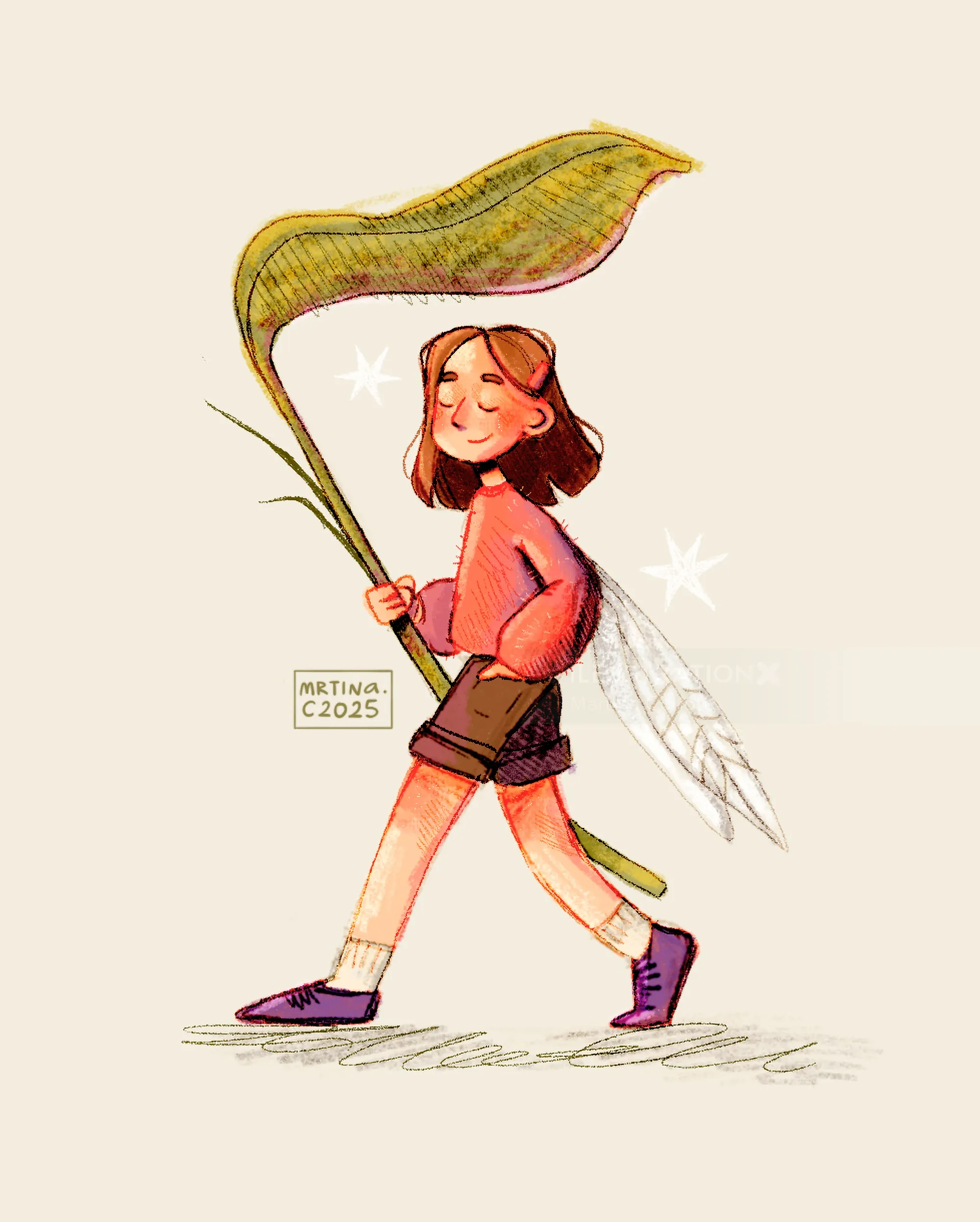 Illustration of girl walking happily with large leaf and fairy wings by Martina Curiotto