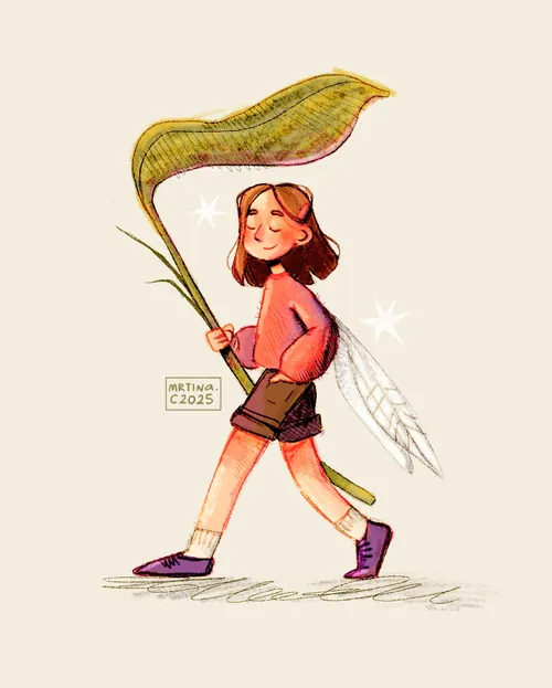 Illustration of girl walking happily with large leaf and fairy wings by Martina Curiotto