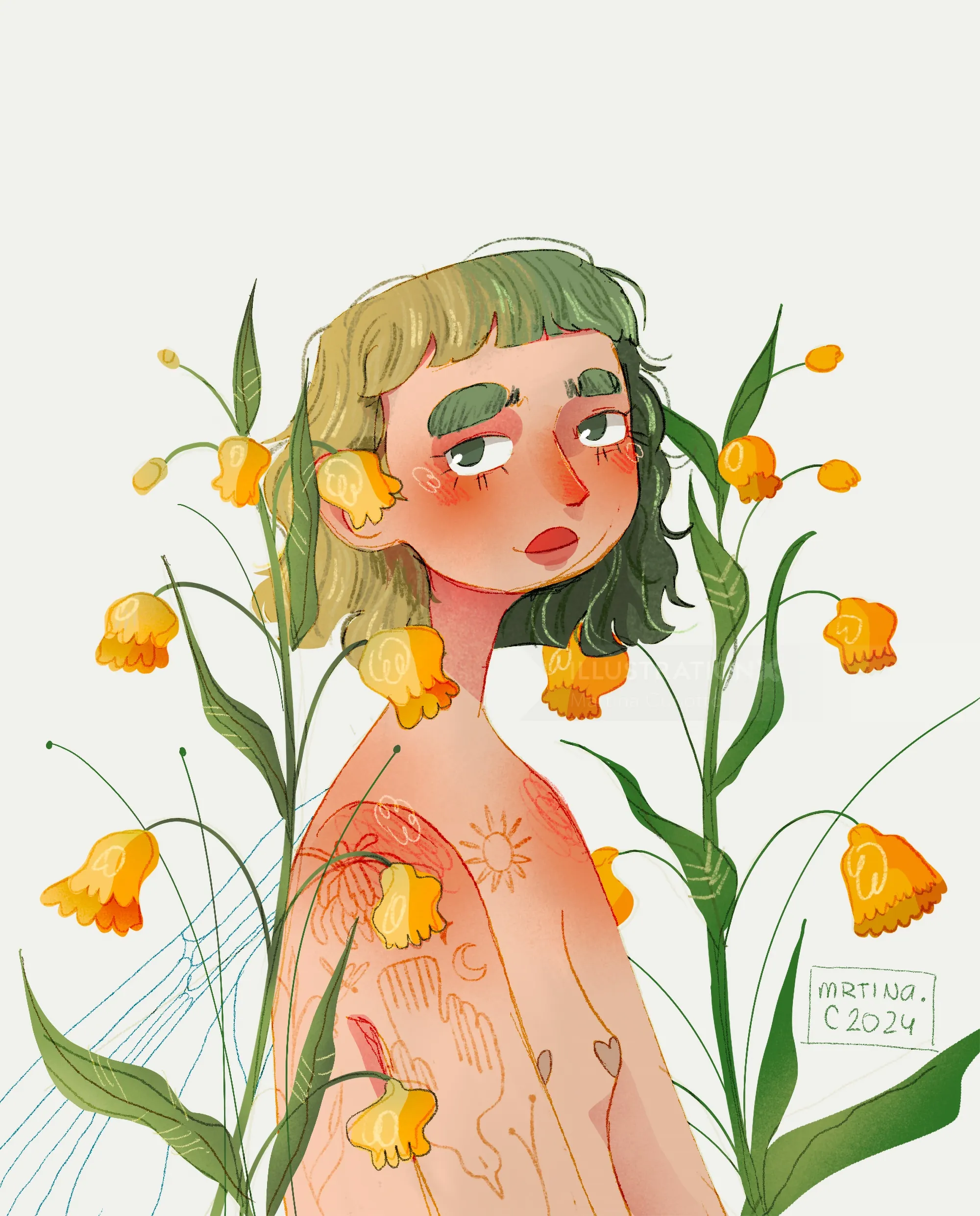 Illustration of a girl with green hair surrounded by yellow flowers by Martina Curiotto