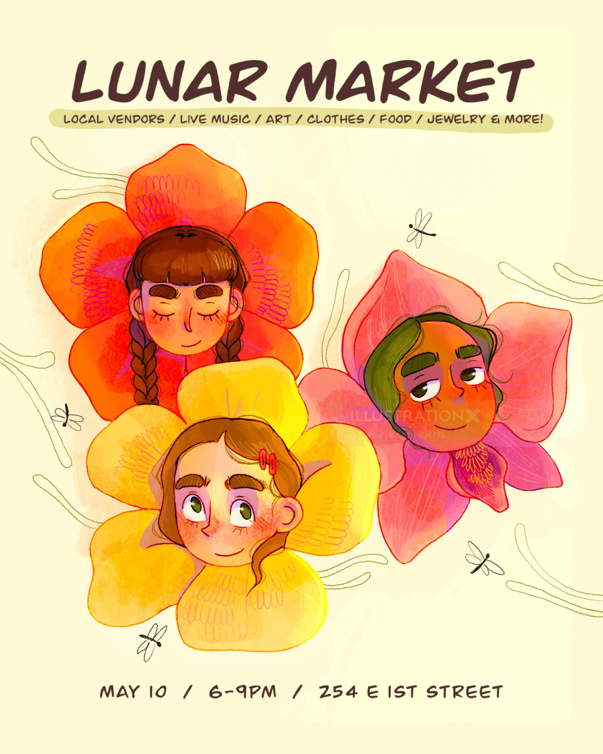 Illustrated poster of three people with flower petals around heads by Martina Curiotto