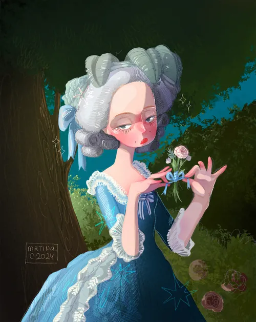 Illustration of Marie Antoinette holding a rose by Martina Curiotto