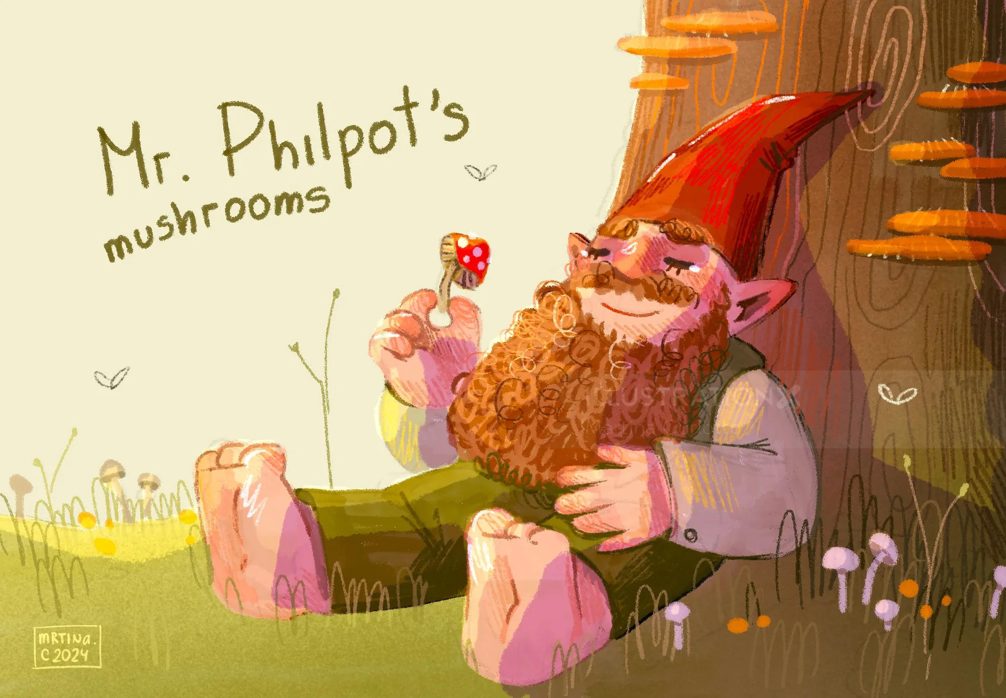 Illustration of gnome Mr. Philpot holding mushroom near tree by Martina Curiotto