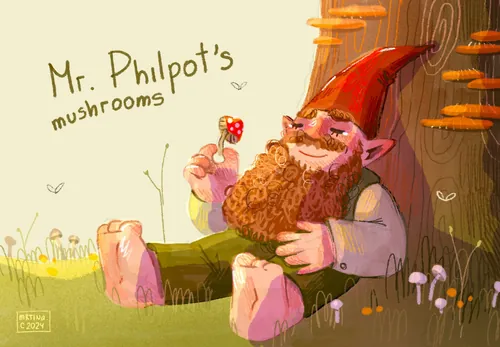 Illustration of gnome Mr. Philpot holding mushroom near tree by Martina Curiotto