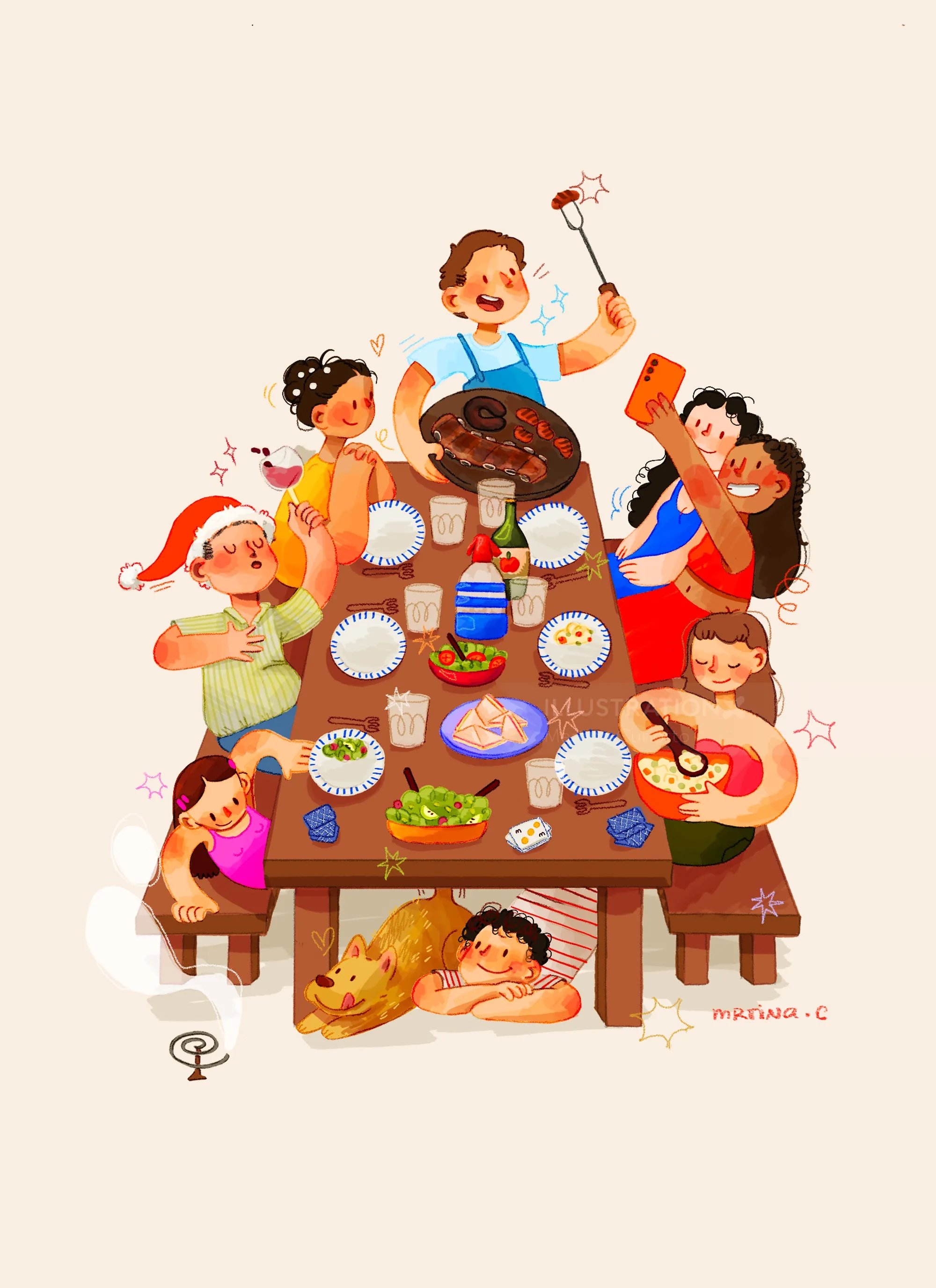Family enjoying a festive Argentinian Christmas meal, illustration by Martina Curiotto